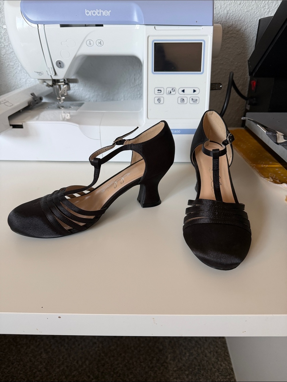 Ellie Black Satin T-Strap Mid Heels